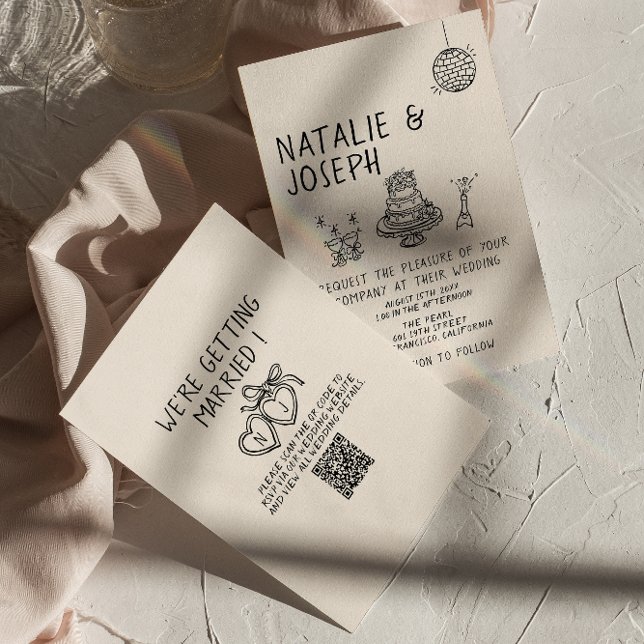 Invitation Illustration Cake Quirky Suite QR Code Mariage amu (Créateur téléchargé)