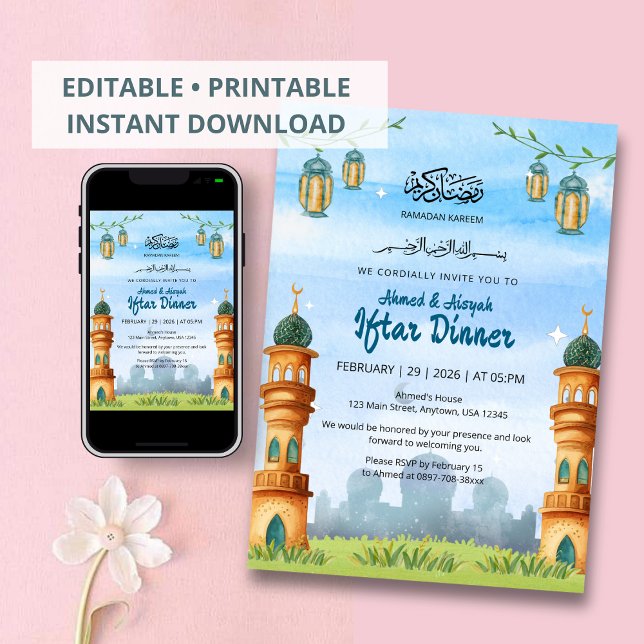 Invitation Illustration charmante de mosquée et de lanterne p (Créateur téléchargé)