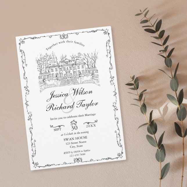 Invitation Illustration classique du manoir de lieu sur mesur (custom hand drawn classic wedding venue illustration invitation with border)