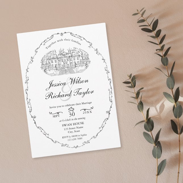Invitation Illustration classique du manoir de lieu sur mesur (custom hand drawn classic wedding venue illustration invitation with border)