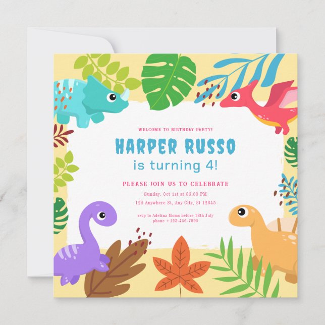 Invitation Illustration Colorful Cute Dino Anniversaire (Devant)