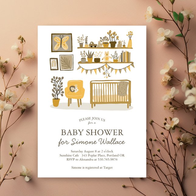 Invitation Illustration Cute Nursery BABY SHOWER PERSONNALISÉ (Cute Nursery Illustration CUSTOM BABY SHOWER Invitation neutral yellow colors - customize it!)