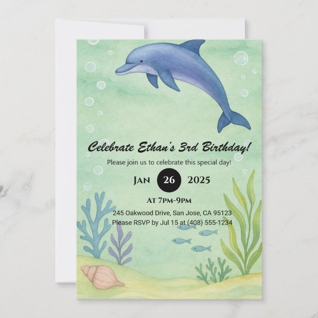 Invitation Illustration d'anniversaire Blue Dolphin & Ocean G (Devant)