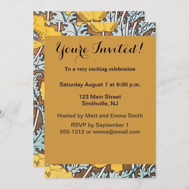 Invitation illustration d'art pavot fleur jaune (Devant / Derrière)