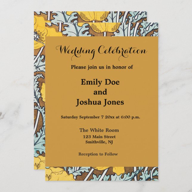 Invitation illustration d'art pavot fleur jaune (Devant / Derrière)