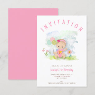 Invitation Illustration de bébé fille rose Premier anniversai