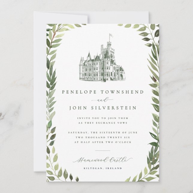 Invitation Illustration de château avec bordure de verdure po (Devant)