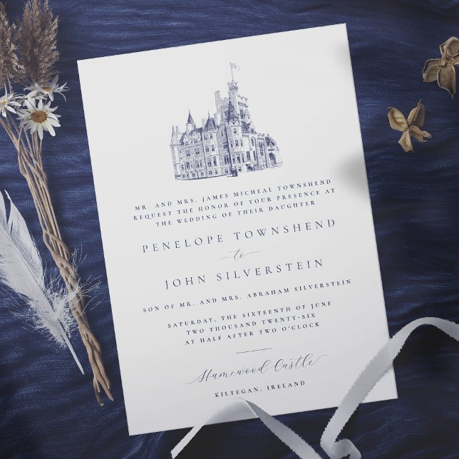 Invitation Illustration de château élégant Mariage officiel (Elegant white formal wedding invitation with an illustration of a castle)