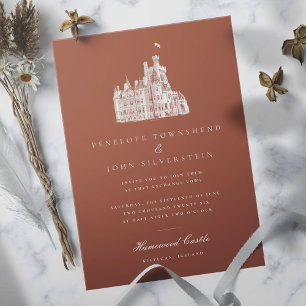 Invitation Illustration de château vintage mariage orange brû