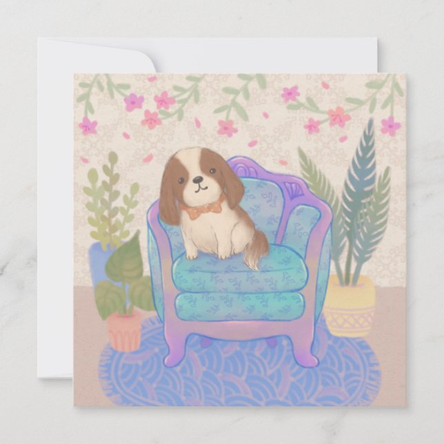 Invitation Illustration de chiot mignon sur fauteuil vintage (Devant)