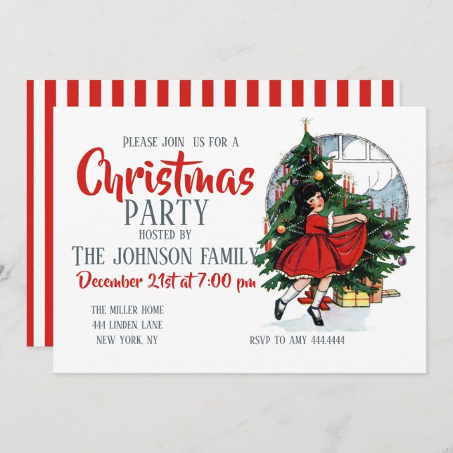 Invitation Illustration de Christmas Girl Vintage (Devant / Derrière)