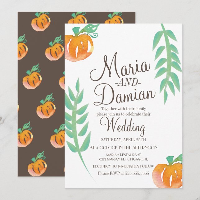 Invitation Illustration de citrouille à l'aquarelle Mariage d (Devant / Derrière)