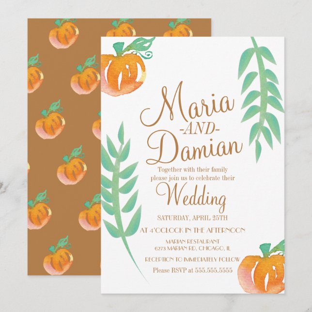 Invitation Illustration de citrouille à l'aquarelle mariage v (Devant / Derrière)