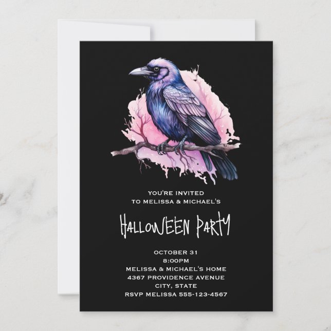 Invitation Illustration de corbeau noir sur une branche Hallo (Devant)