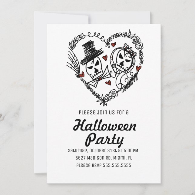 Invitation Illustration de couples de squelettes pour soirée  (Devant)