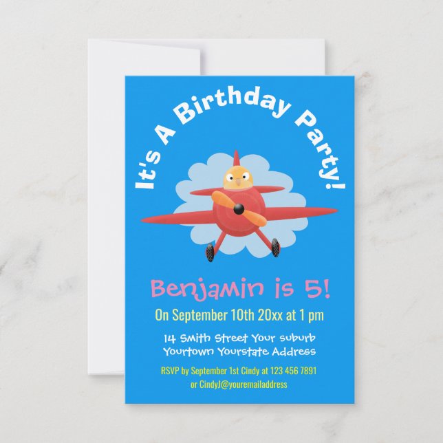 Invitation Illustration de dessin animé d'oiseau mignon pilot (Devant)