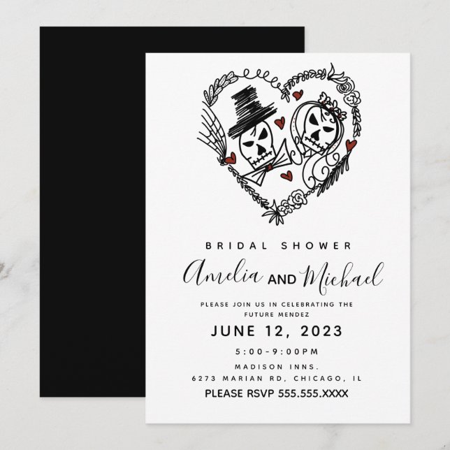 Invitation Illustration de doodle de couple squelettique pour (Devant / Derrière)