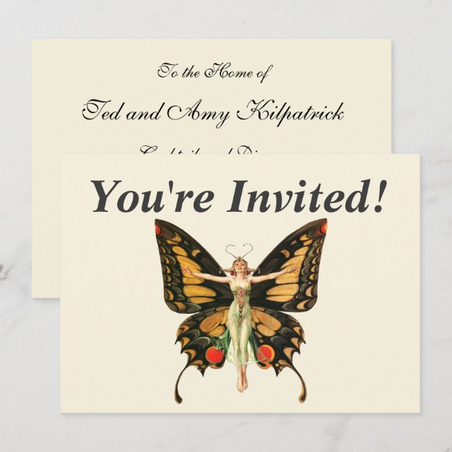 Invitation Illustration de femme volant papillon Flapper (Devant / Derrière)