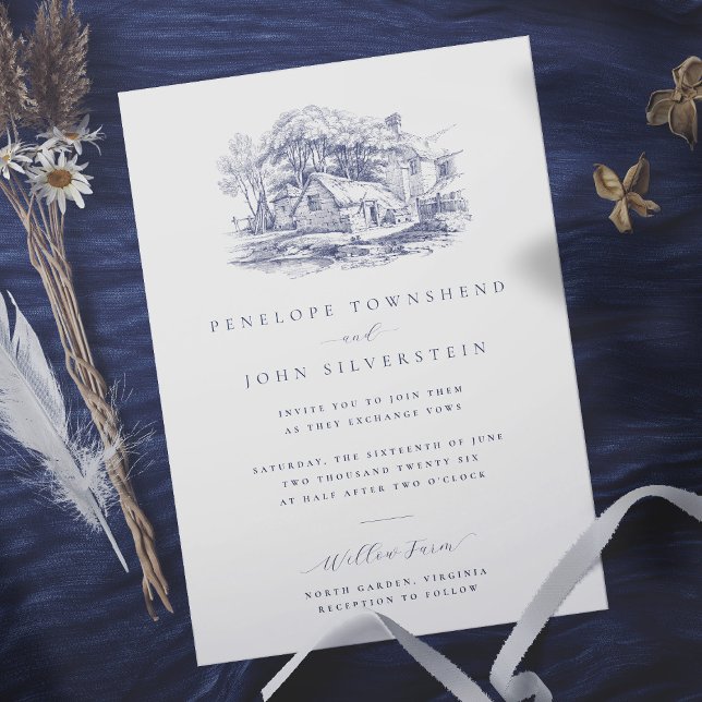 Invitation Illustration de ferme rustique Élégant mariage (Rustic Farmhouse Illustration Elegant Wedding Invitation)
