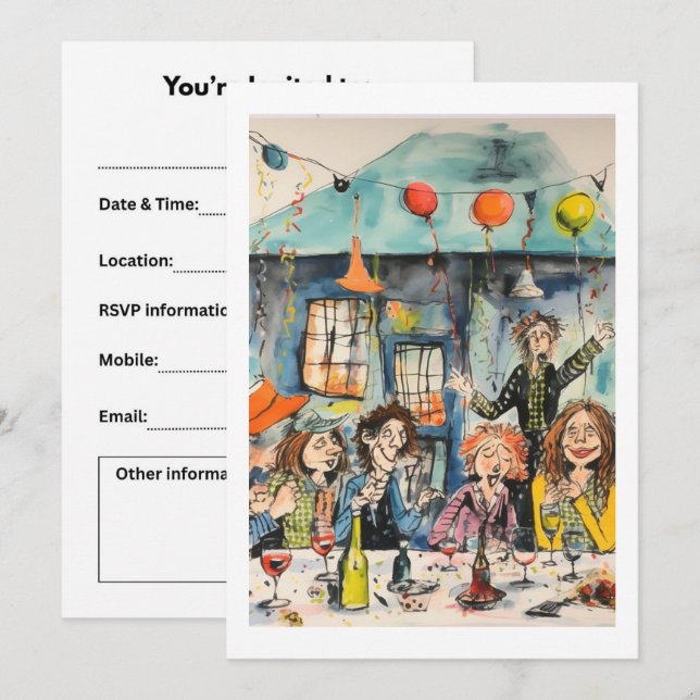 Invitation Illustration de fête amusante (Devant / Derrière)