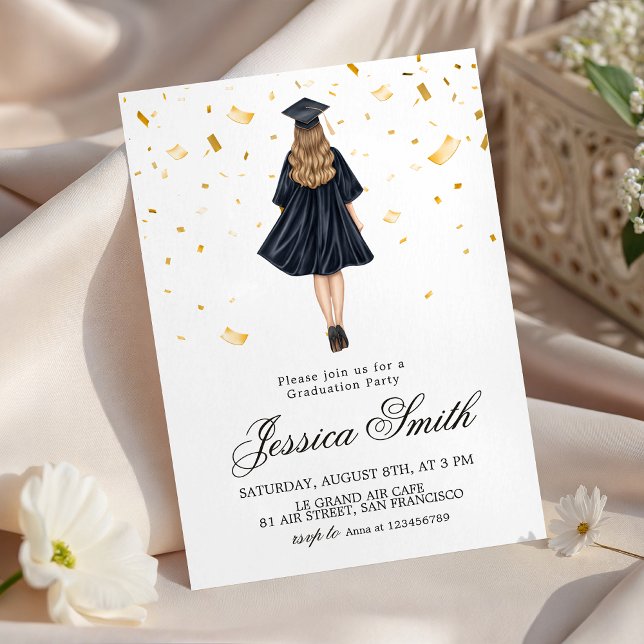 Invitation Illustration de fille avec confettis dorés pour in (Créateur téléchargé)
