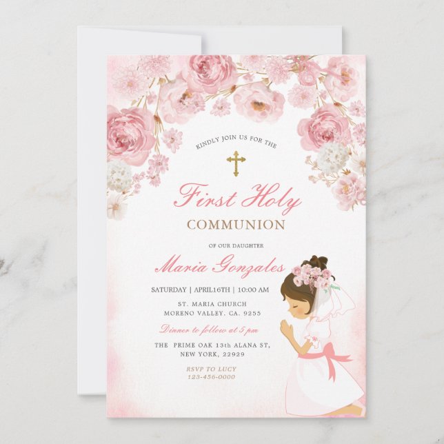 Invitation Illustration de fille priant avec fleurs roses et  (Devant)