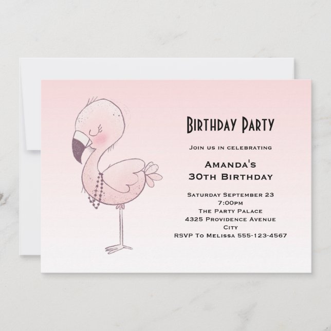 Invitation Illustration de Flamant Rose Mignon pour Anniversa (Devant)