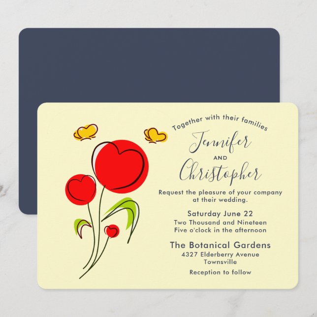 Invitation Illustration de fleurs en forme de cœur rouge pour (Devant / Derrière)