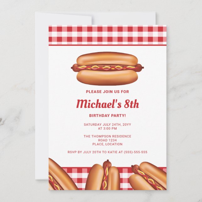 Invitation Illustration de hot dog pour un anniversaire (Devant)