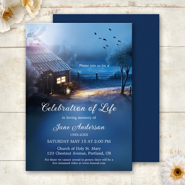 Invitation Illustration de la célébration de la vie (Memorial or celebration of life invitation featuring a country home with angel guidance light)