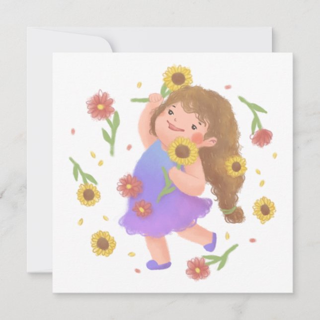 Invitation Illustration de la fille avec des tournesols (Devant)