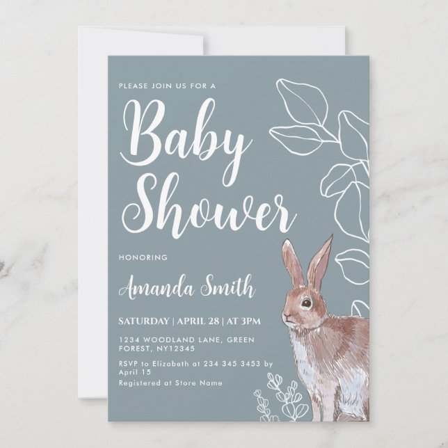 Invitation Illustration de lapin Baby shower botanique (Devant)