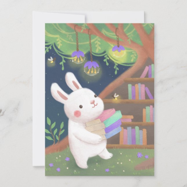 Invitation Illustration de lapin bibliophile mignon (Devant)