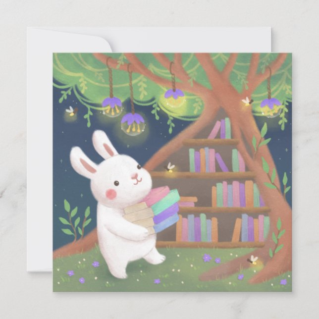 Invitation Illustration de lapin bibliophile mignon (Devant)