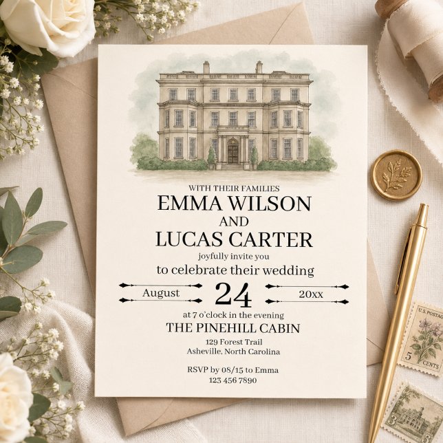Invitation Illustration de lieu de réception dessinée à la ma (Elegant Estate Wedding Invitation)
