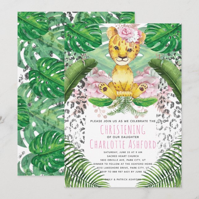 Invitation Illustration de lionne pour baptême safari (Devant / Derrière)