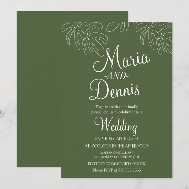 Invitation Illustration de main de Monstera simple en vert (Devant / Derrière)