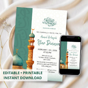 Invitation Illustration de mosquée à l'aquarelle pour le dîne
