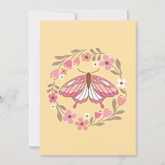 Invitation Illustration de papillon rose boho et de couronne  (Devant)