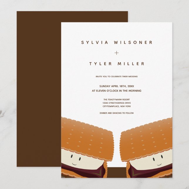 Invitation Illustration de S'more Mariage Blanc Brun Vertical (Devant / Derrière)