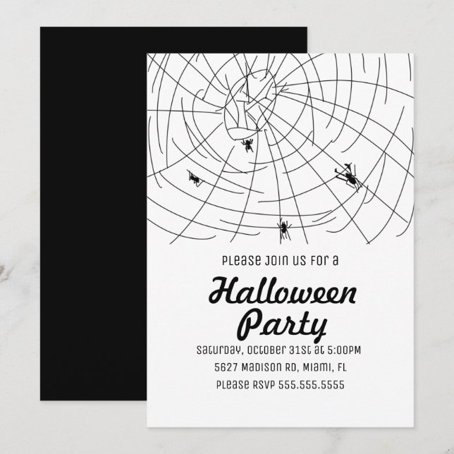 Invitation Illustration de toile d'araignée pour fête d'Hallo (Devant / Derrière)