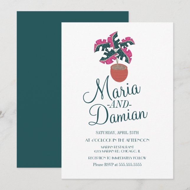 Invitation Illustration de verdure de plante Monstera rose ma (Devant / Derrière)