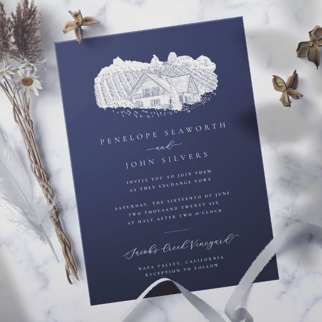 Invitation Illustration de vignoble élégant Mariage de marine (navy blue elegant wedding invitation with an illustration of a vineyard)