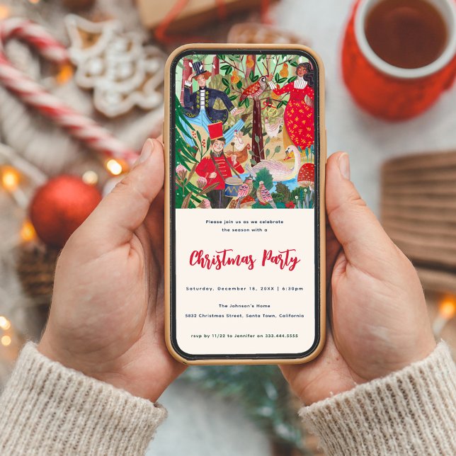 Invitation Illustration des 12 jours de Noël (Downloadable Digital Christmas Party Invitation with 12 Days of Christmas Illustration)