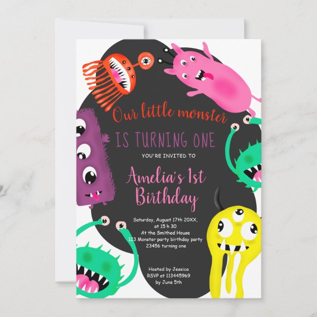 Invitation Illustration des monstres mignons 1er anniversaire (Devant)
