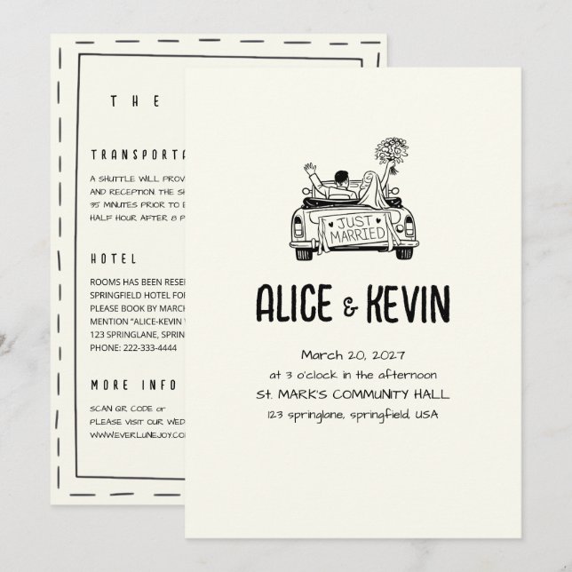 Invitation Illustration dessinée à l'ivoire Mariage minimalis (Devant / Derrière)