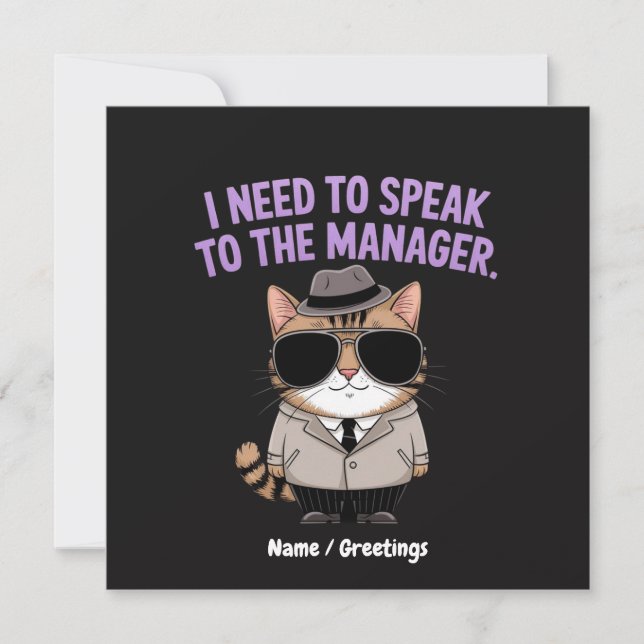 Invitation Illustration drôle d'un chat manager humour (Devant)