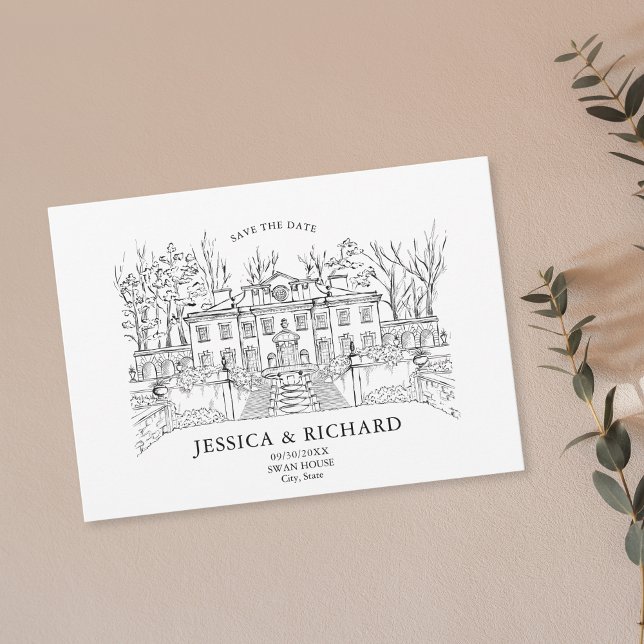 Invitation Illustration du château du lieu à la main élégante (swan house wedding venue custom  illustration)