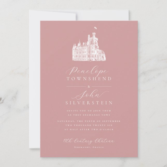 Invitation Illustration du château Script Dusty Rose Mariage  (Devant)