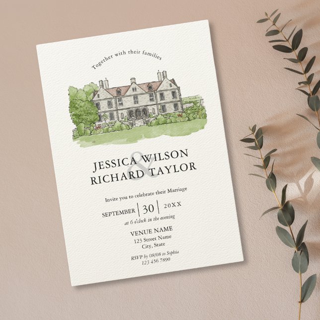Invitation Illustration du manoir du lieu sur mesure (hand drawn wedding venue invitation)